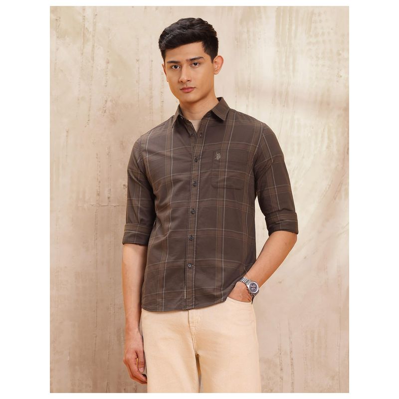 U.S. Polo Assn. Denim Co. Mens Grid Tattersall Checks Pure Cotton Brown Casual Shirt (42)