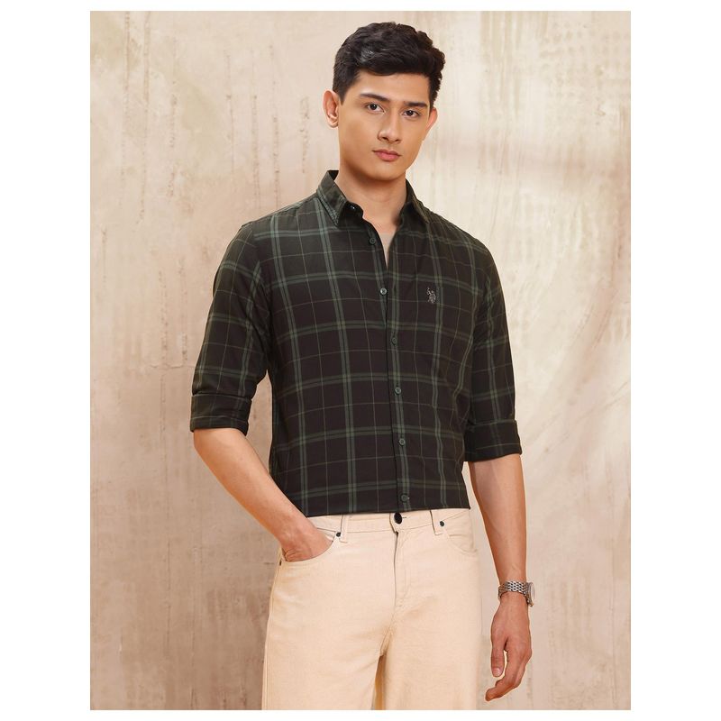U.S. Polo Assn. Denim Co. Mens Grid Tattersall Checks Pure Cotton Green Casual Shirt (42)