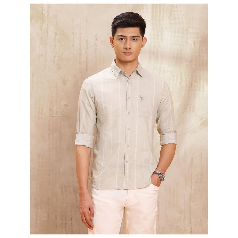 U.S. Polo Assn. Denim Co. Mens Vertical Stripes Pure Cotton Brown Casual Shirt (42)