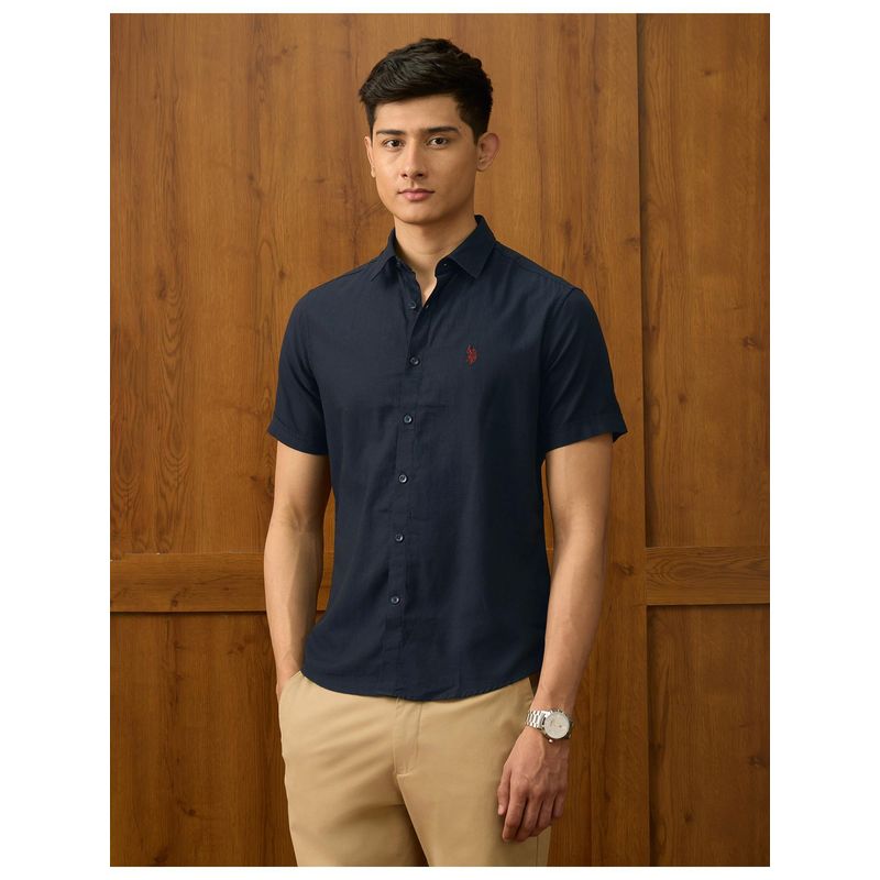 U.S. POLO ASSN. Mens Textured Dobby Varsity Blue Casual Shirt (42)