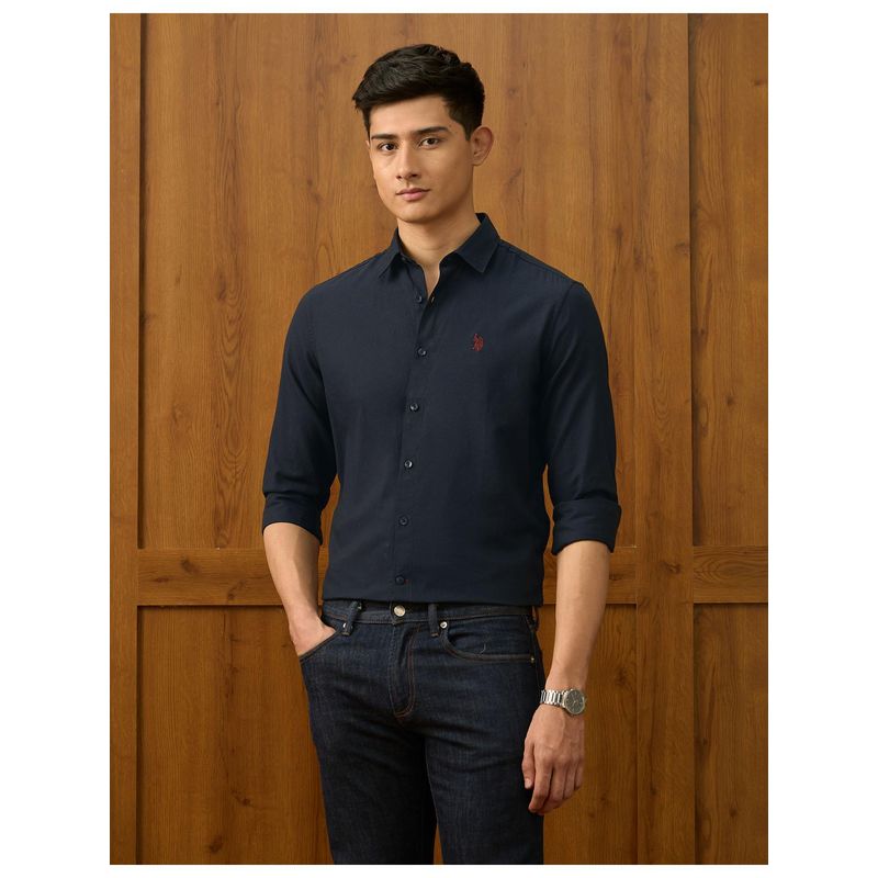 U.S. POLO ASSN. Mens Textured Dobby Varsity Blue Casual Shirt (40)