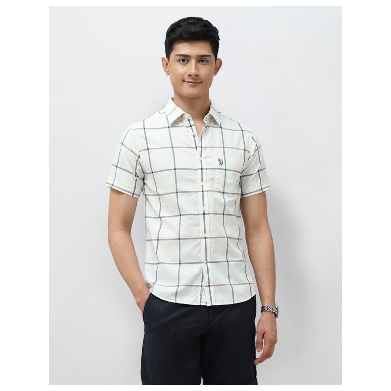 U.S. POLO ASSN. Mens Windowpane Checks Tailored Fit Off White Casual Shirt (42)
