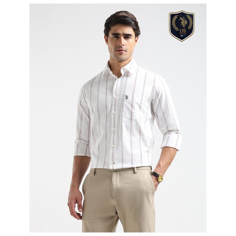 U.S. POLO ASSN. Mens Vertical Stripes Oxford White Casual Shirt (40)