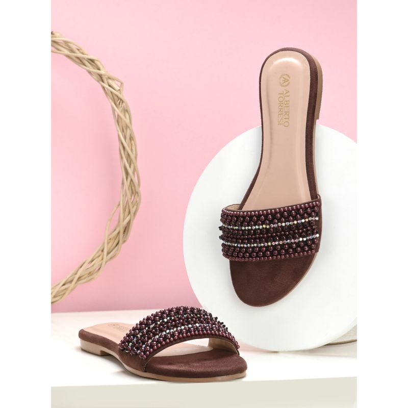 Alberto Torresi Embellished-Sequined Synthetic Brown Flat Sandals for women (EURO 38)