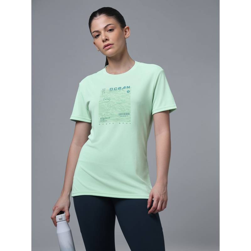 Technosport Green Women Printed Slim Fit Sports T-shirt with TECHNOCOOL+ (S)