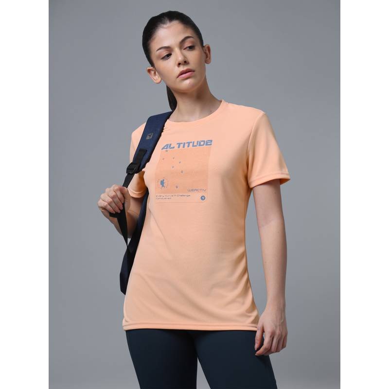Technosport Peach Women Printed Slim Fit Sports T-shirt with TECHNOCOOL+ (S)