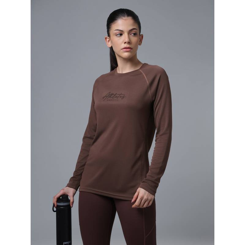 Technosport Brown Women Printed Slim Fit Sports Tee for Yoga and Fitness with TECHNOCOOL+ (S)
