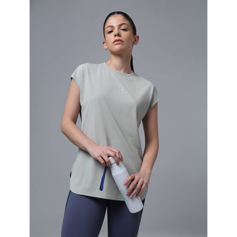 Technosport Grey Women Solid Regular Fit T-shirt with VENTMESH (XL)