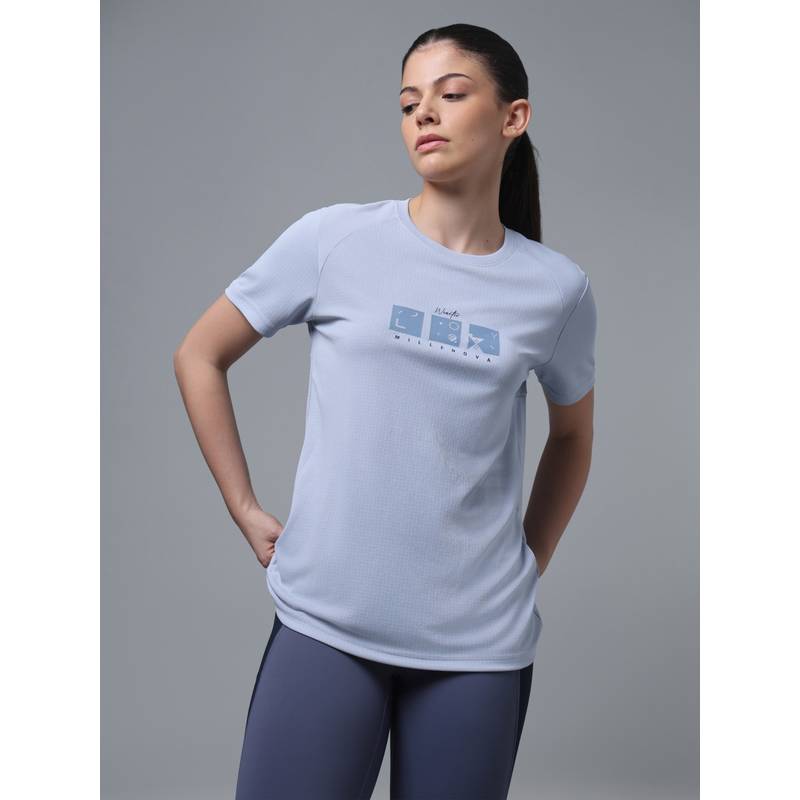 Technosport Blue Women Printed Regular Fit Sports T-Shirt with Technocool+ Training (M)