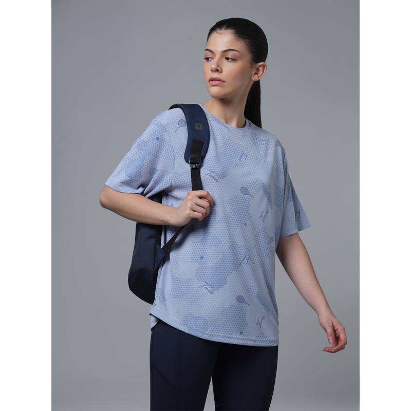 Technosport Blue Women Printed Oversized Sports T-Shirt with Technocool+ Training (M)