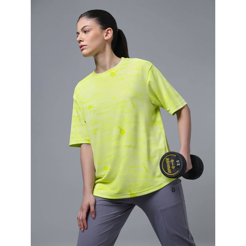 Technosport Yellow Women Printed Oversized Sports T-Shirt with Technocool+ Training (XL)
