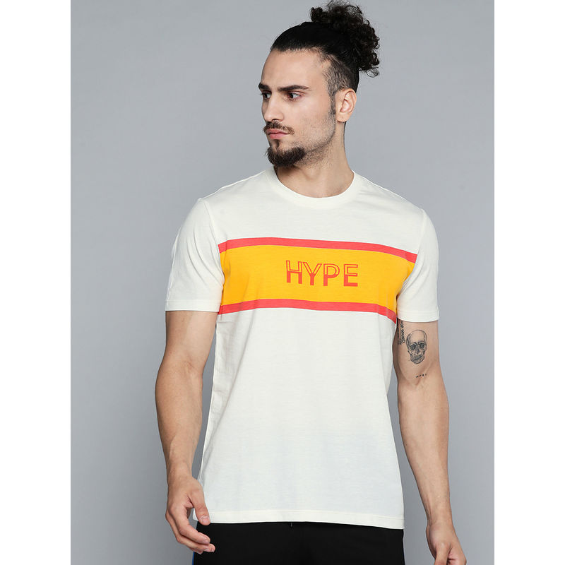 Alcis Men Off White Typography Printed Slim Fit Gym T-Shirt (L)