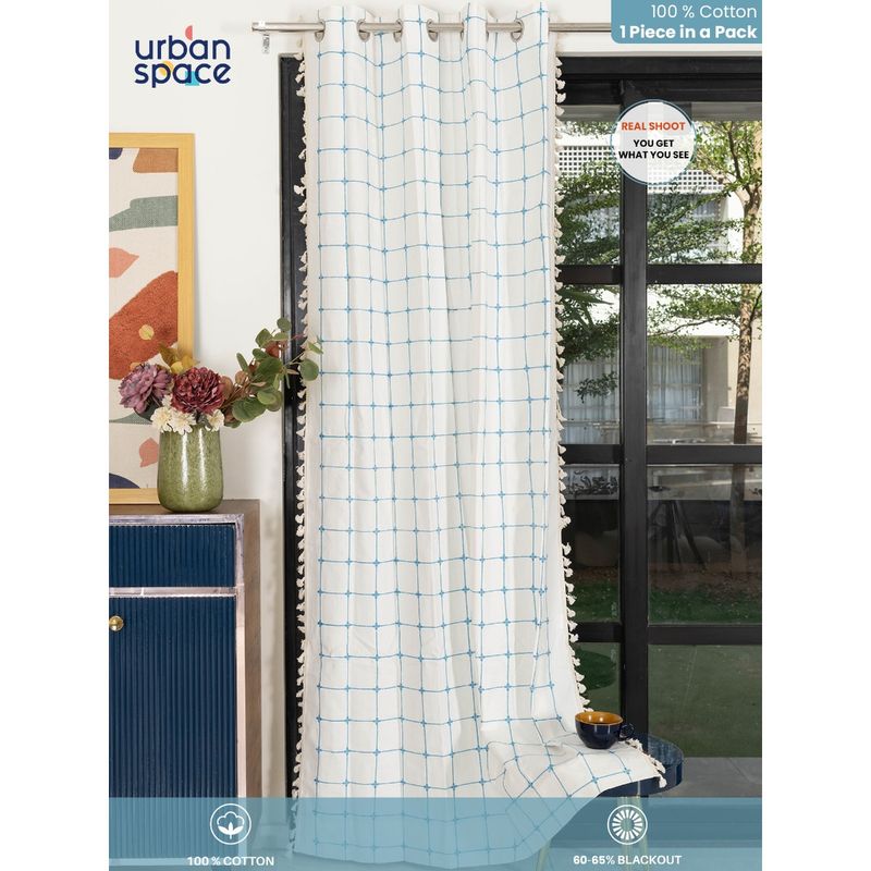 Urban Space Boho Cotton Window Curtain with Eyelets & Tieback 1 Piece Aura White checks (5x4 feet)