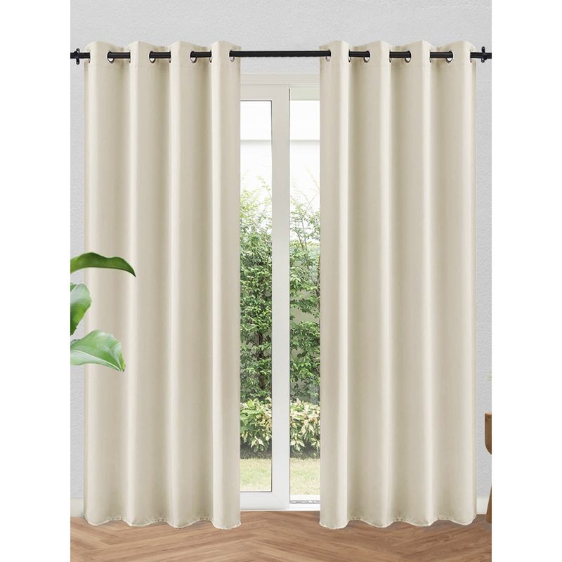 Urban Space Solid Blackout Door Curtains with Eyelets & Tieback Beige (Pack of 2) 7x4 feet