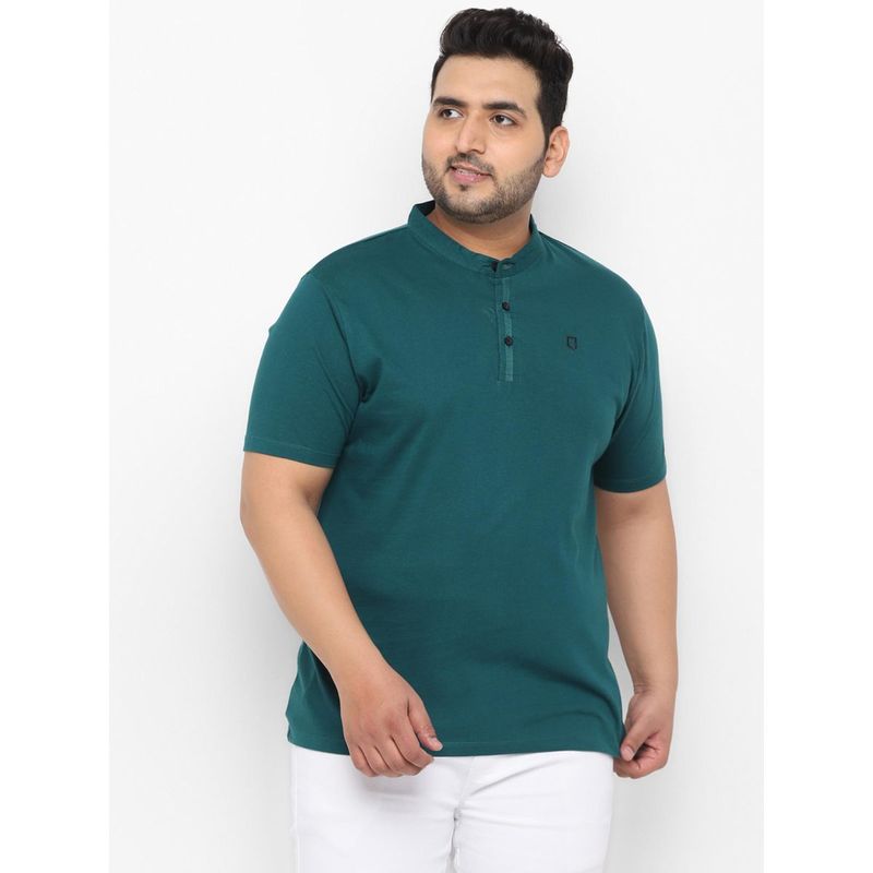 Urbano Plus Men's Green Solid Mandarin Collar Regular Fit Cotton T-Shirt (2XL)