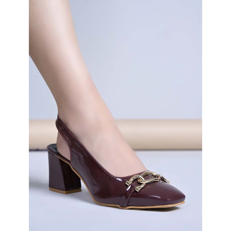 Shoetopia Chic Maroon Patent Slingback Block Heels for Women (EURO 39)