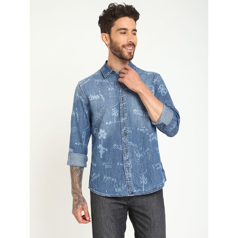 Guess Men Blue Printed Spread Collar Full Sleeves Denim Shirt (S)