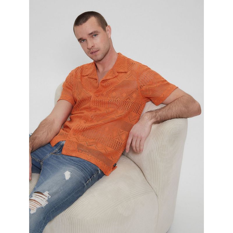 Guess Men Orange Self Design Collar Short Sleeves Shirt (M)