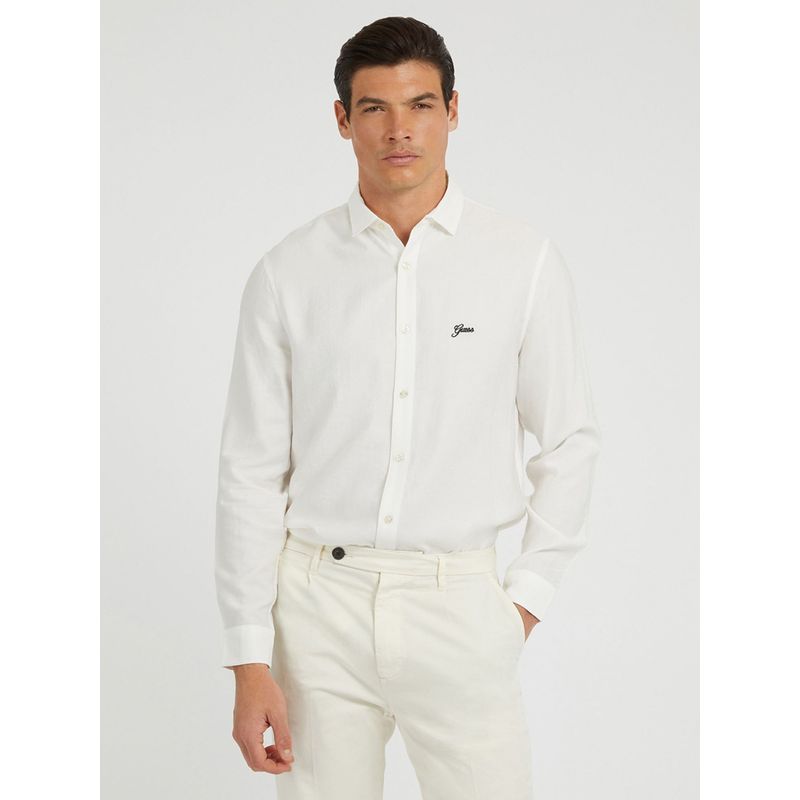 Guess Men White Solid Spread Collar Full Sleeves Shirt (M)