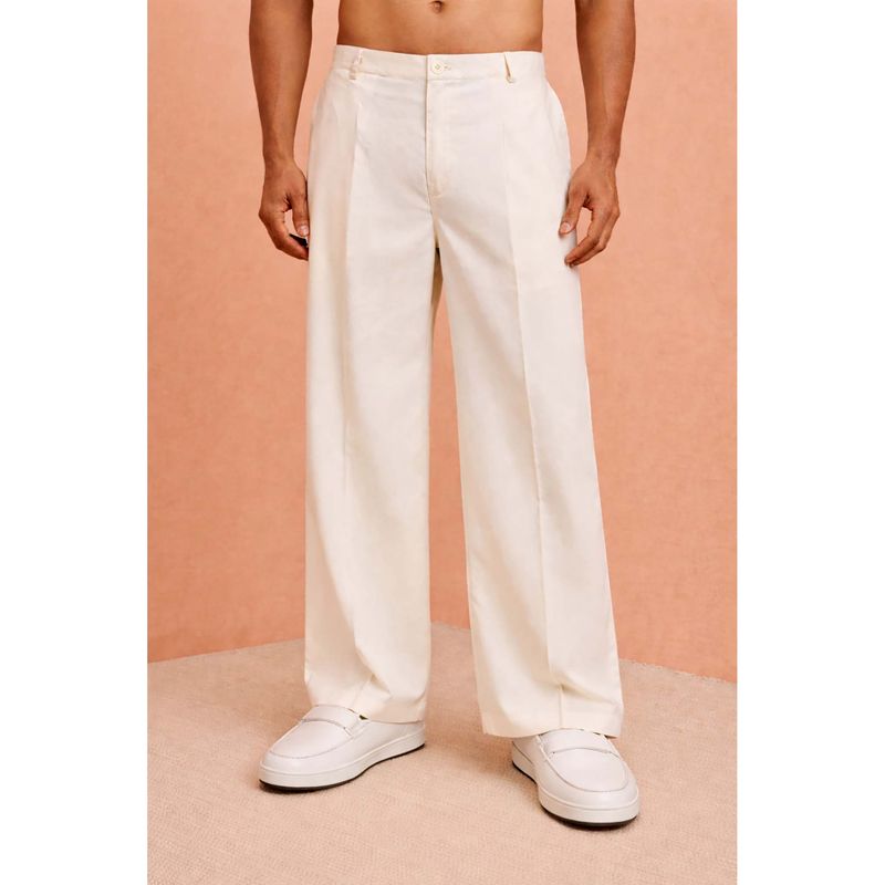 Vastramay Men Cream Cotton Lycra Wide Leg Pant (M)