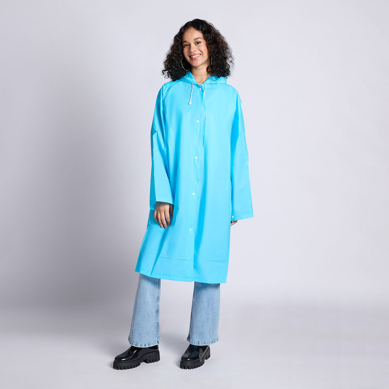 Twenty Dresses by Nykaa Fashion Blue Solid Knee Length Raincoat with Hood (XL)