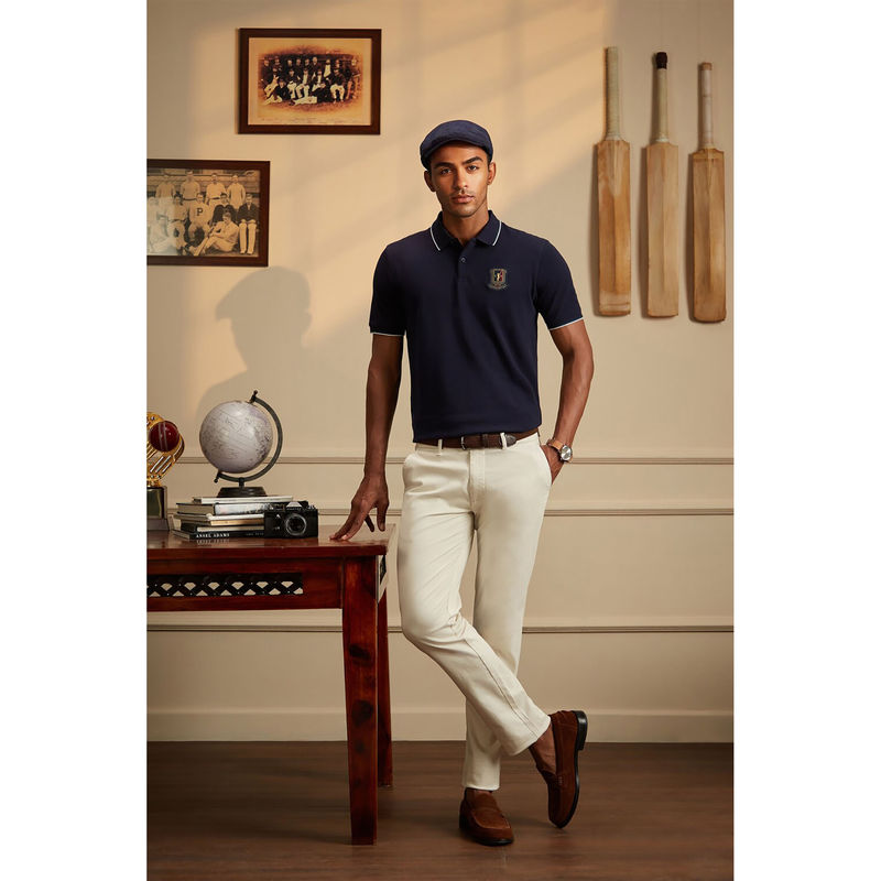 Peter England Men Cream Slim Fit Cotton Rich Casual Chino Trousers With Stretch (36)