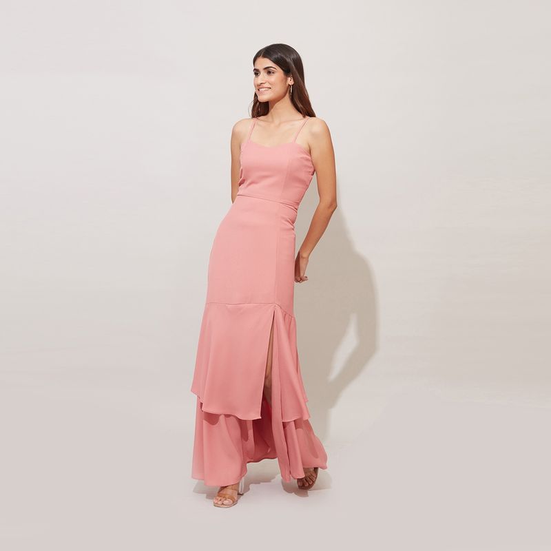 Twenty Dresses by Nykaa Fashion Pink Sweetheart Slit Maxi Dress (S)