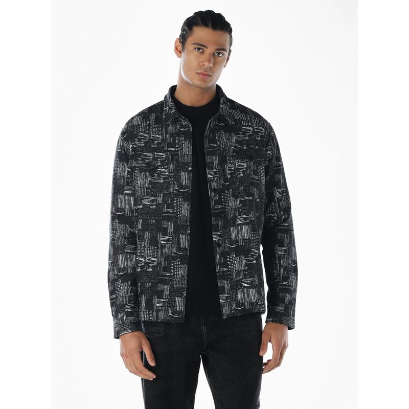 Jack & Jones Men Printed Oversized Black Casual Shirt (M)