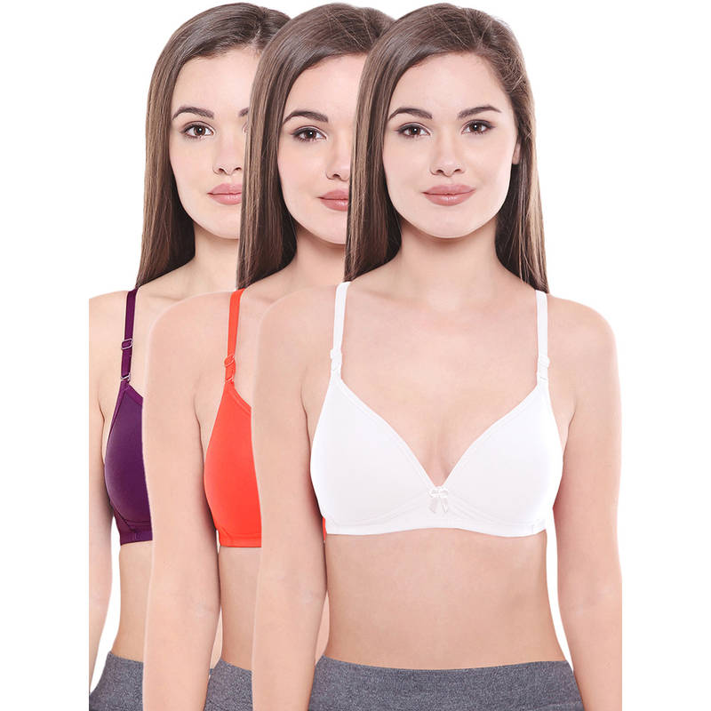 Bodycare Lightly Padded Bra In Coral-Dark Purple-White Color (Pack of 3) - 34B