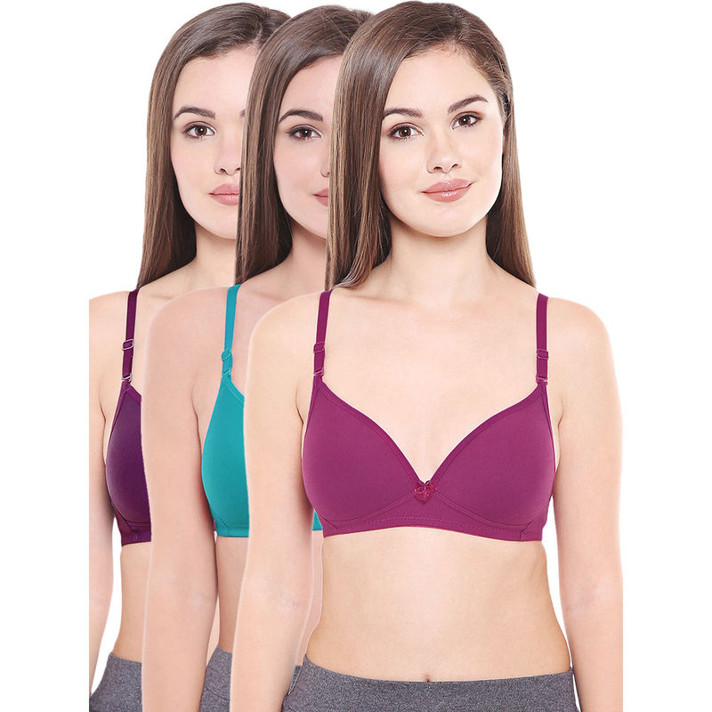 Bodycare Lightly Padded Bra In Dark Purple-Firozi-Wine Color (Pack of 3) - 34B