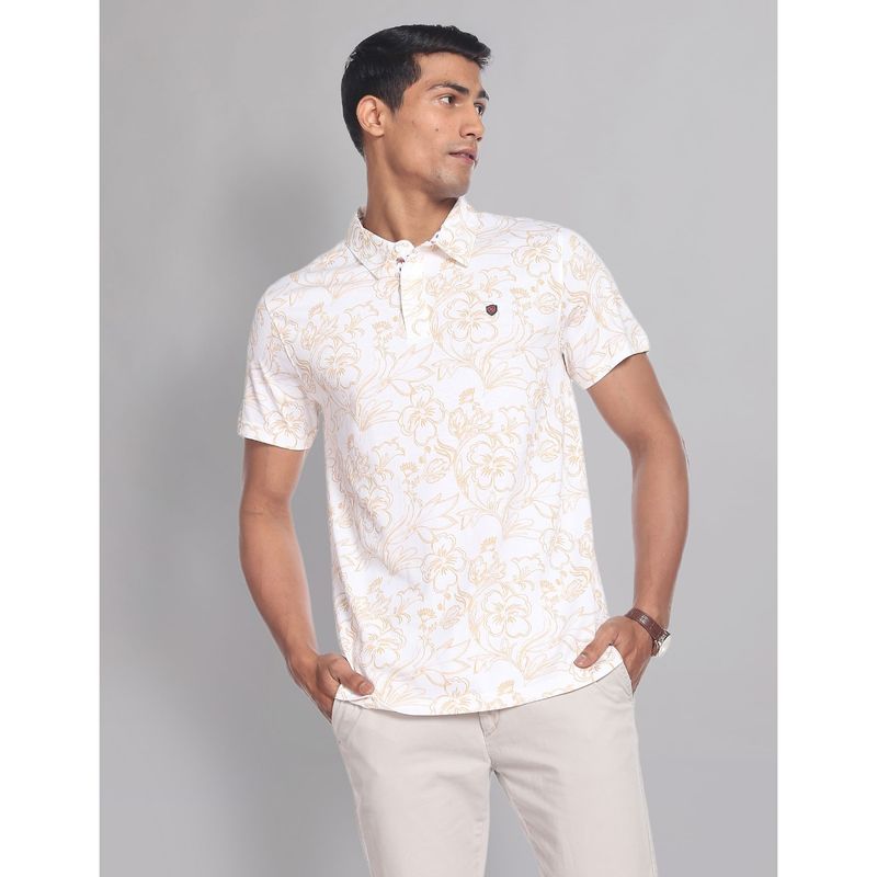 AD By Arvind Floral Print Slim Fit Polo Shirt Off White (2XL)
