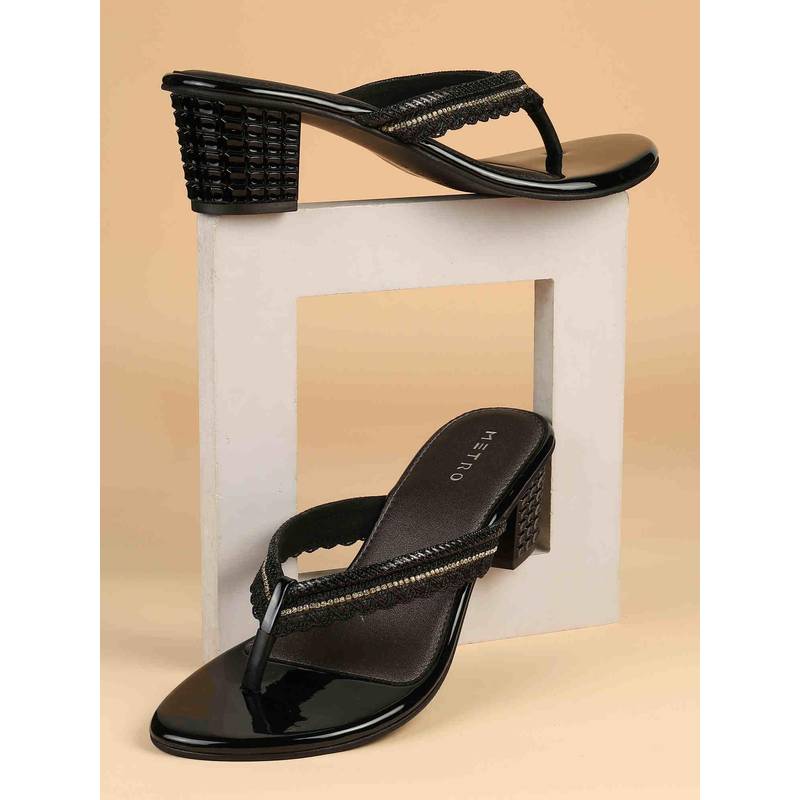 Metro Women Black Heeled Sandals (EURO 36)