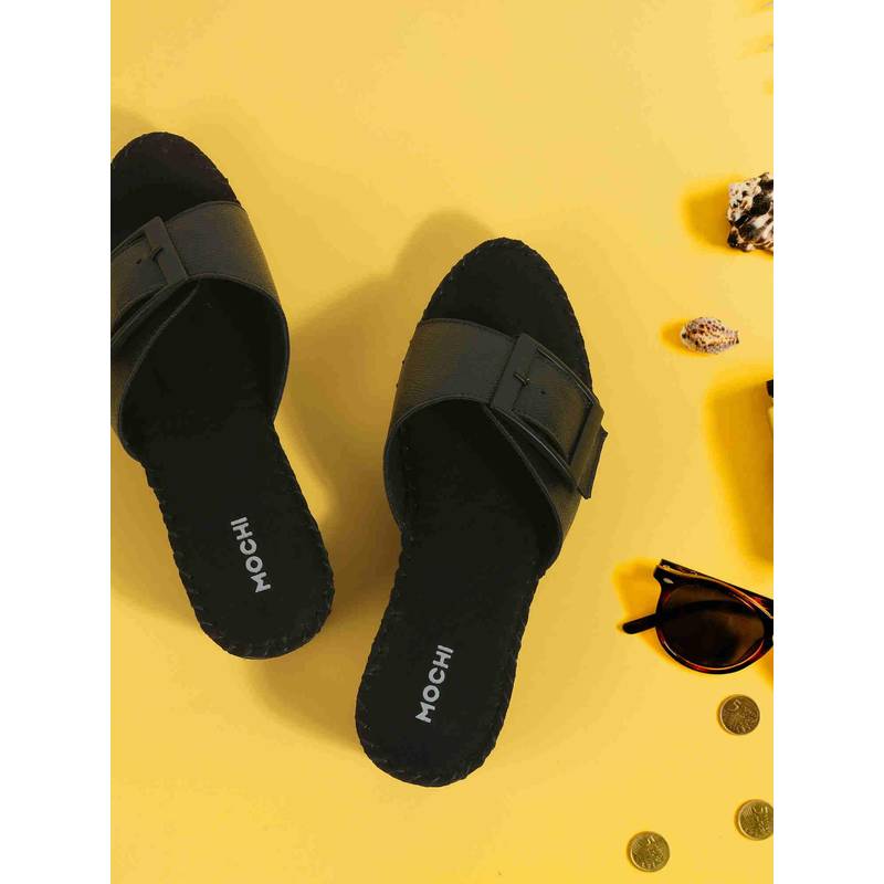 Mochi Women Black Wedges Heels (EURO 37)