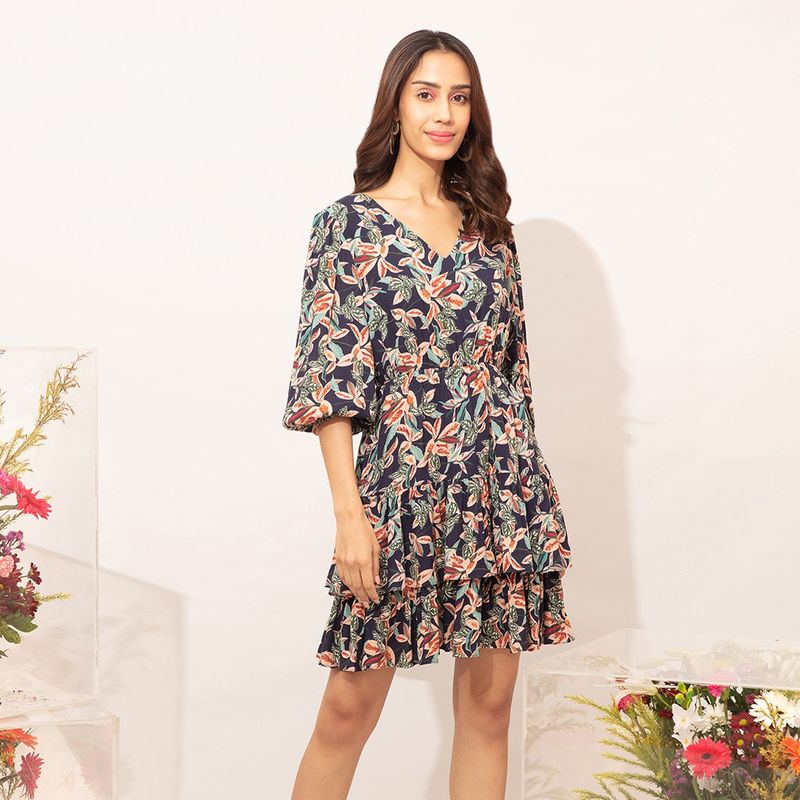 Twenty Dresses by Nykaa Fashion Black And Multicolor Floral Tiered ...