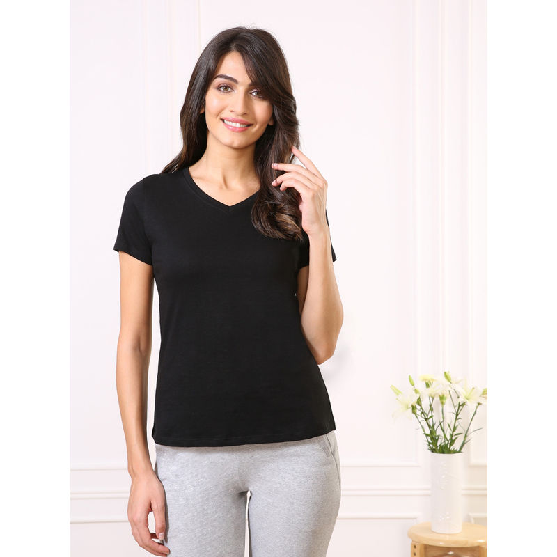 Van Heusen Black Solid T-Shirt (XL)