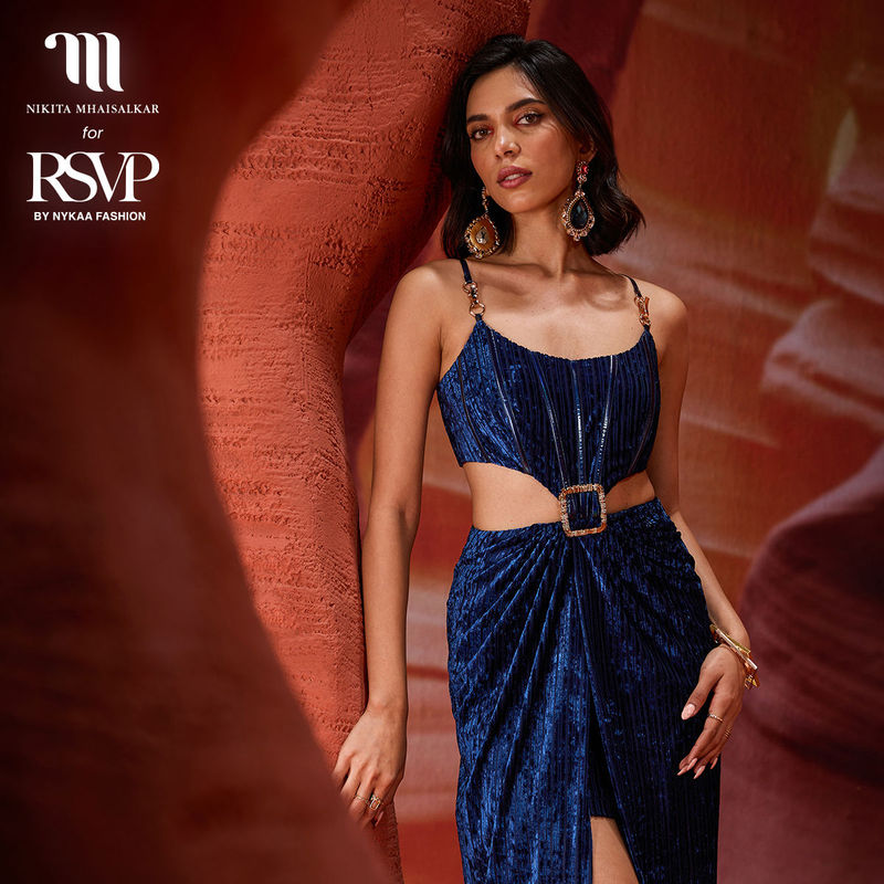 Nikita Mhaisalkar Dark Blue Textured Strappy Cut Out High Slit Maxi Dress (2XL)