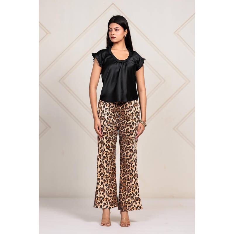 The Kaftan Company Leopard Print Sequined Wide-Leg Pants (S)