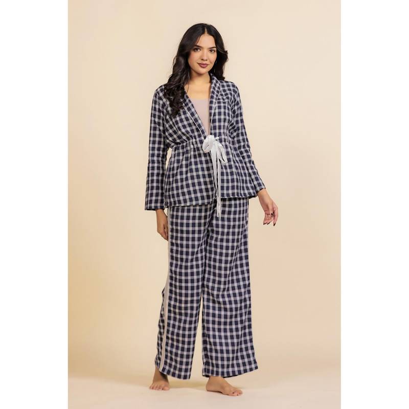The Kaftan Company Navy And White Gingham Check Cotton (S)