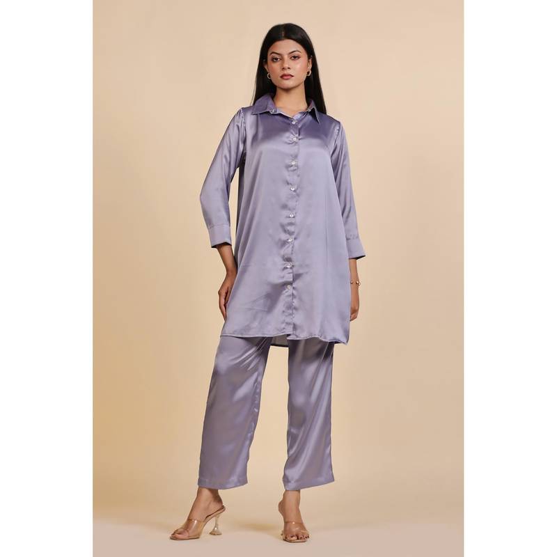 The Kaftan Company Lavender Lustrous Satin Button-Down Shirt And Pyjama (2XL)