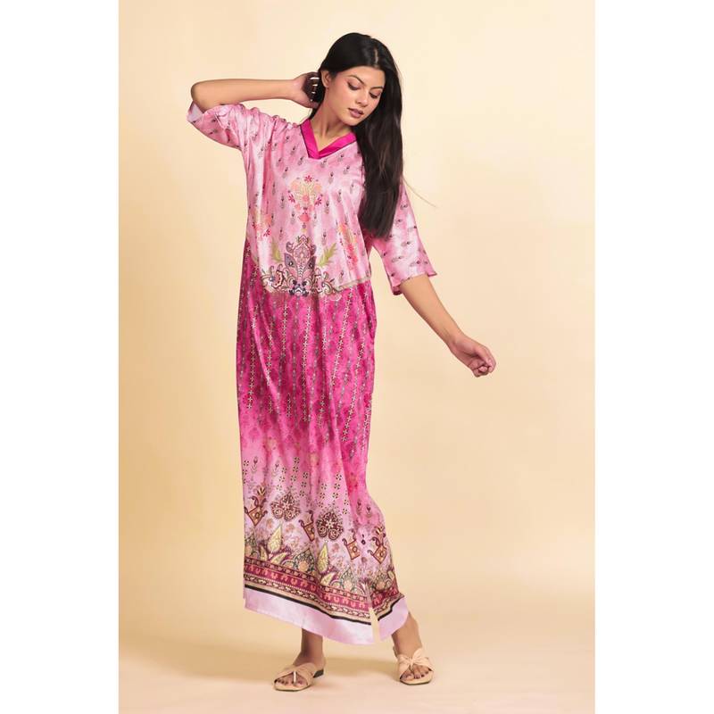 The Kaftan Company Pink Ornate Persian-Inspired Print Satin Maxi Kaftan (S)