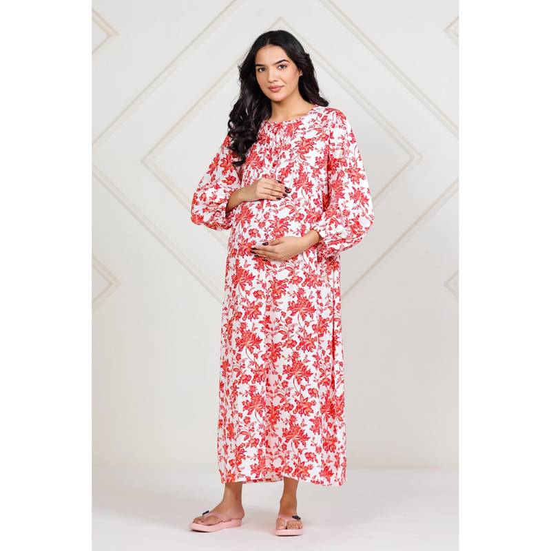 The Kaftan Company Red Floral Printed Cotton Maternity Nighty (S)