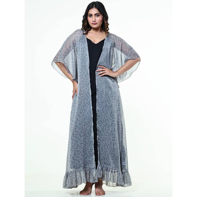The Kaftan Company Grey Printed Chiffon Nightwear With Kaftan Gown (3XL)