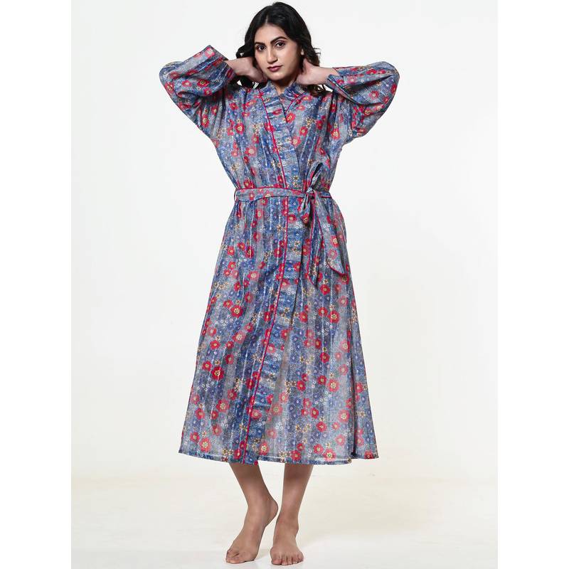 The Kaftan Company Blue Cotton Blend Floral Wrap Nightgown With Tie Belt (3XL)