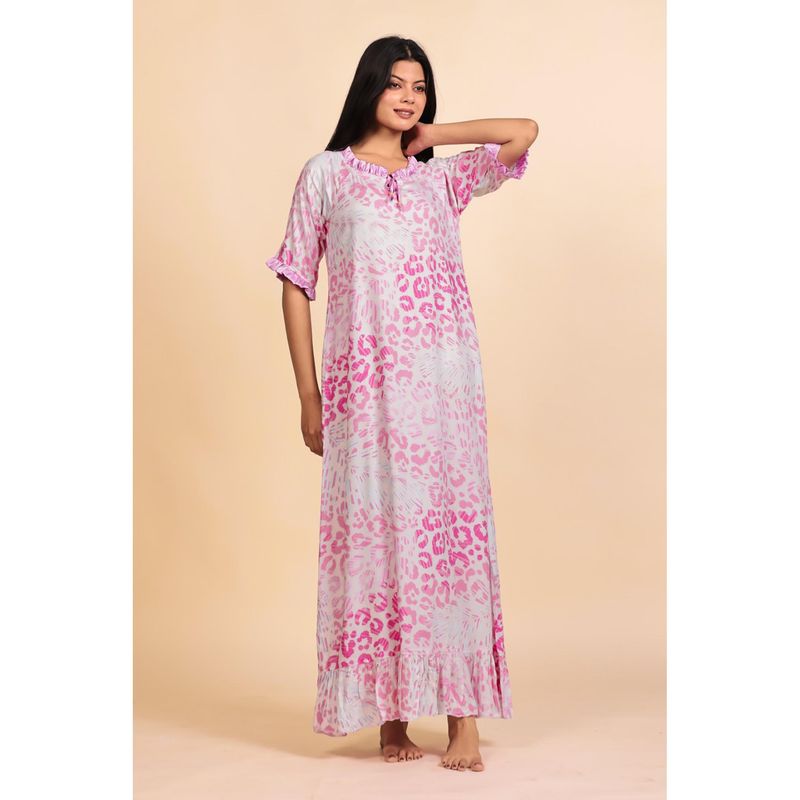 The Kaftan Company Pink Leopard Print Viscose Nighty With Ruffled Trim (3XL)
