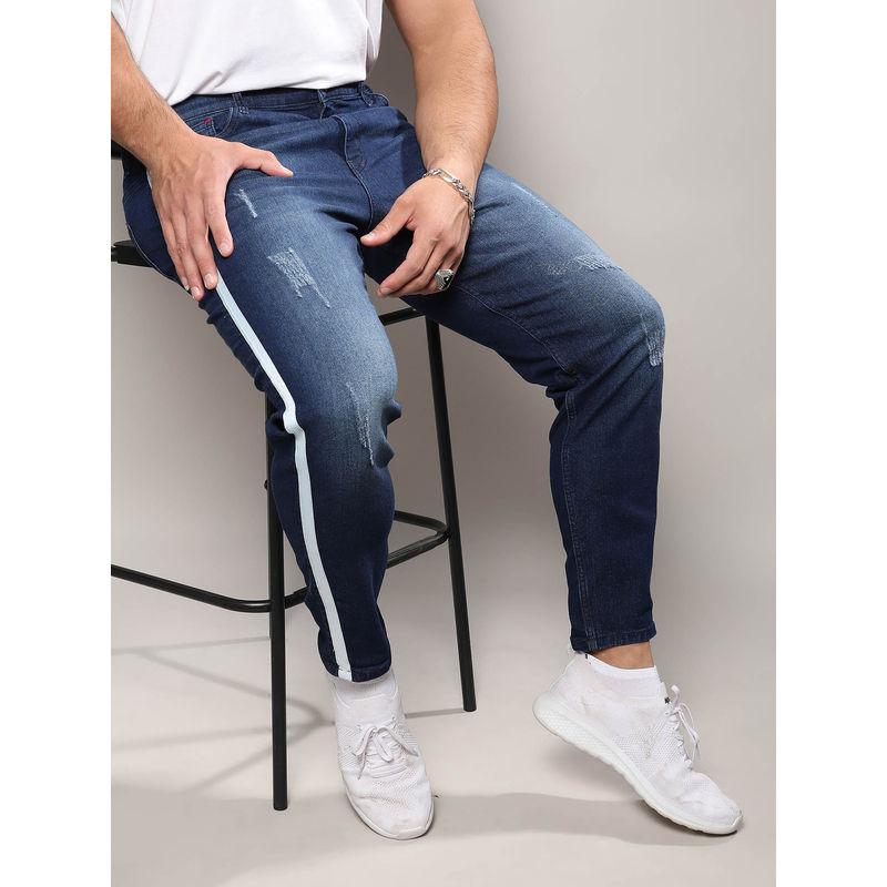 Instafab Plus Men'S Navy Blue Side-Striped Denim Jeans (38)