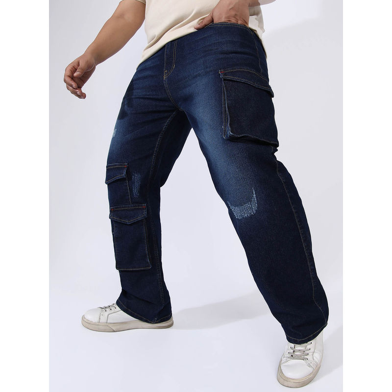 Instafab Plus Men'S Dark Blue Utility Cargo Denim Jeans (38)