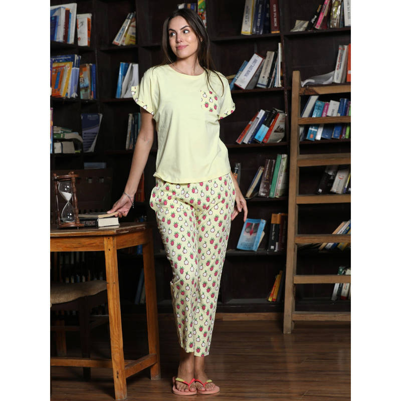 MAYSIXTY Soft Cotton Printed Yellow T-Shirt & Pyjama (Set of 2) (XL)