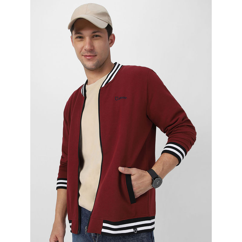 Urbano Fashion Men's Maroon Cotton Zippered Varsity Jacket (S)