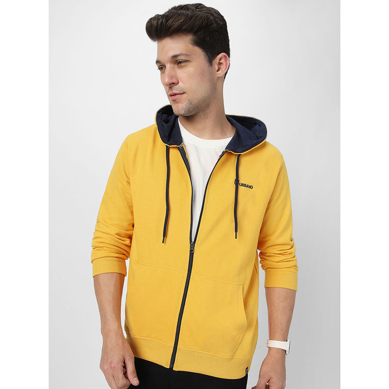 Urbano Fashion Men's Yellow Cotton Zippered Hooded Jacket (L)