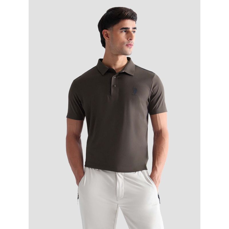 U.S. POLO ASSN. Active Sports Men's Solid Regular Fit Active Polo T-shirt-Brown (S)